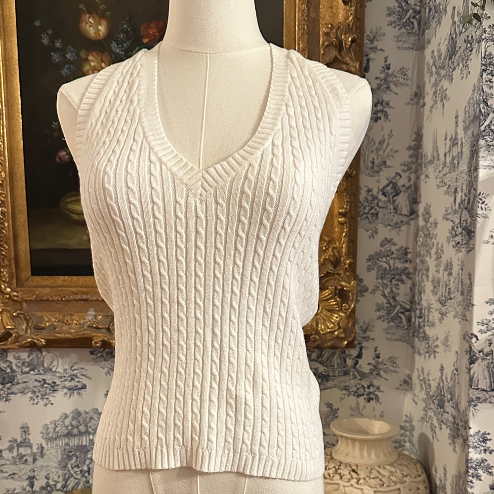 White Cable Knit V Neck Sweater Y2K size Small